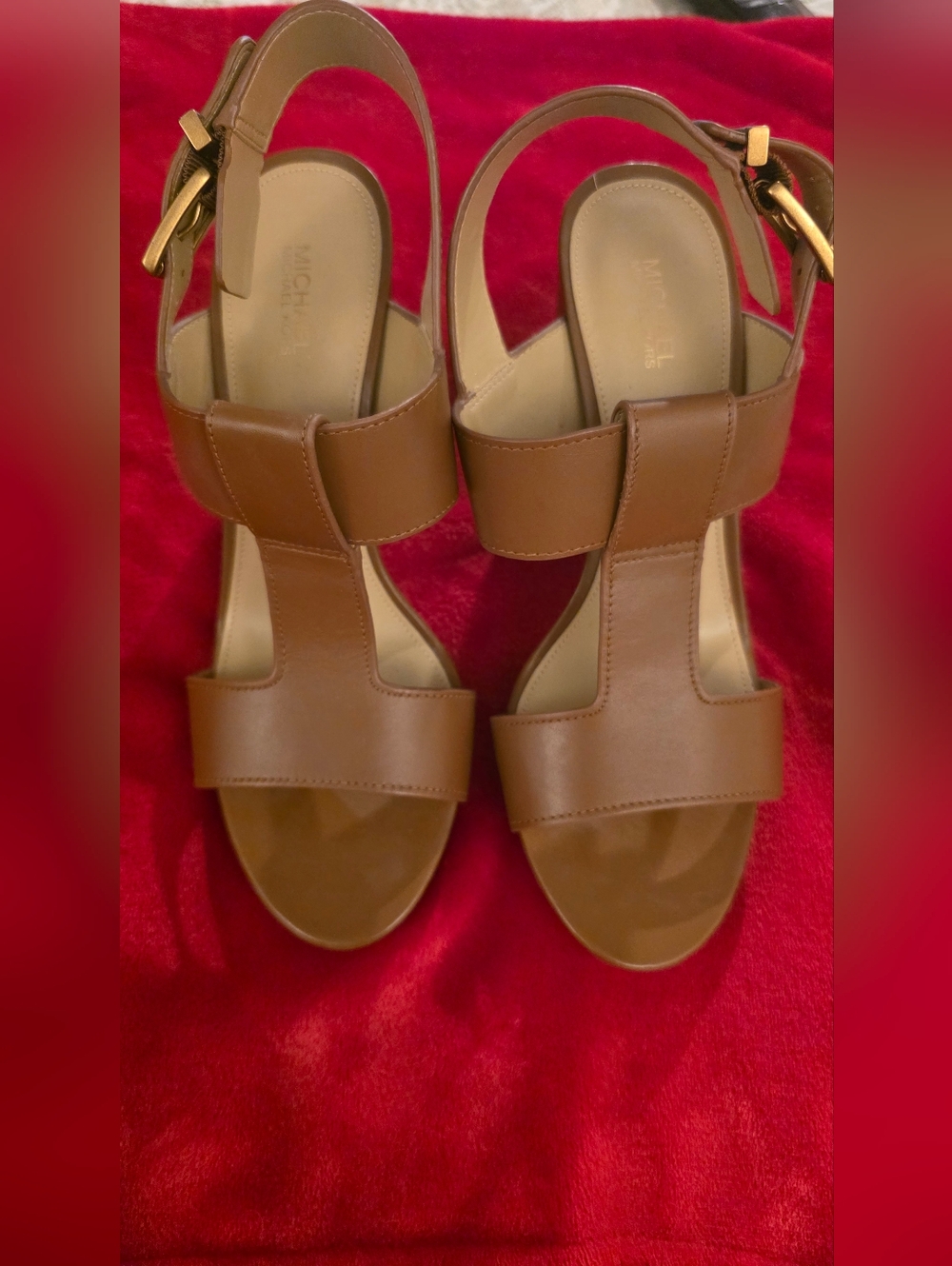 Michael Kors Tan Leather T-Strap Ankle Buckle Sandals